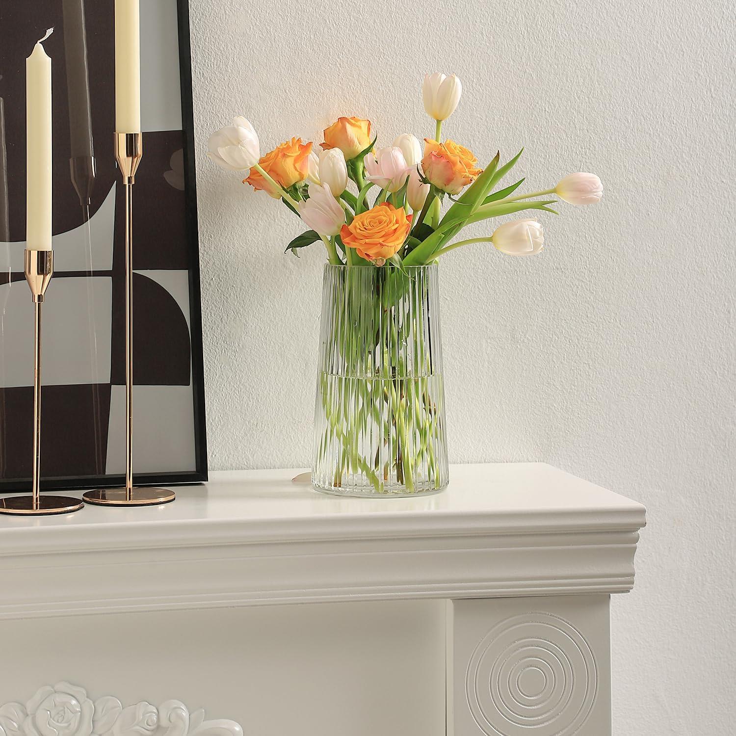 MARTAGE Clear Glass Vase for Flower, Flower Vase for Bouquet, Modern Glass Vases, Ribbed Vases for Living Room, Bedroom, Dining Table, Office, Wedding, Centerpieces, 8 Inches