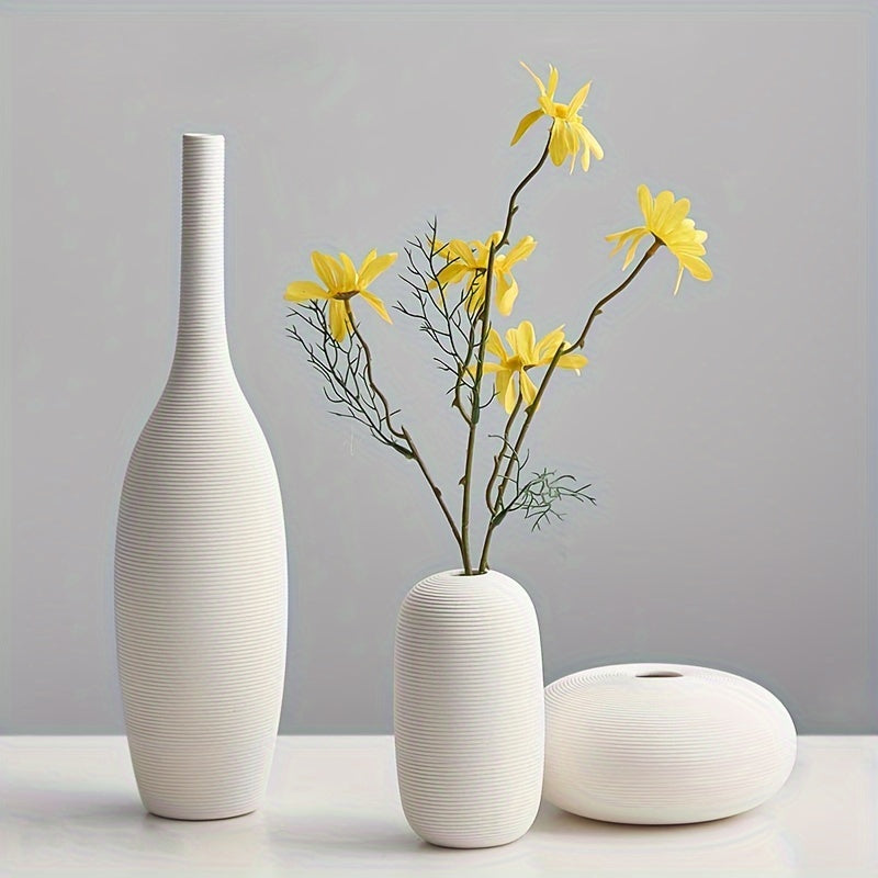 Set of 3 Modern Nordic Ceramic Vases - Minimalist Plain Design, Farmhouse Decor, Living Room Shelf and Mantel Decoration, Dining Coffee Table Centerpiece, Ideal Gift for Home Decor Enthusiasts