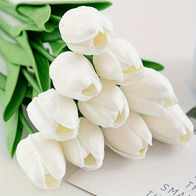 A Set of Home Decorations, 10pcs White Tulip Artificial Flowers + 1 Creative Small Vase, Desktop Ornaments, Fashionable Spiral White Vase - Nordic Style, Suitable for Home, Kitchen, Living Room, Bedroom Decoration Perfect Choice, Valentine'S Day