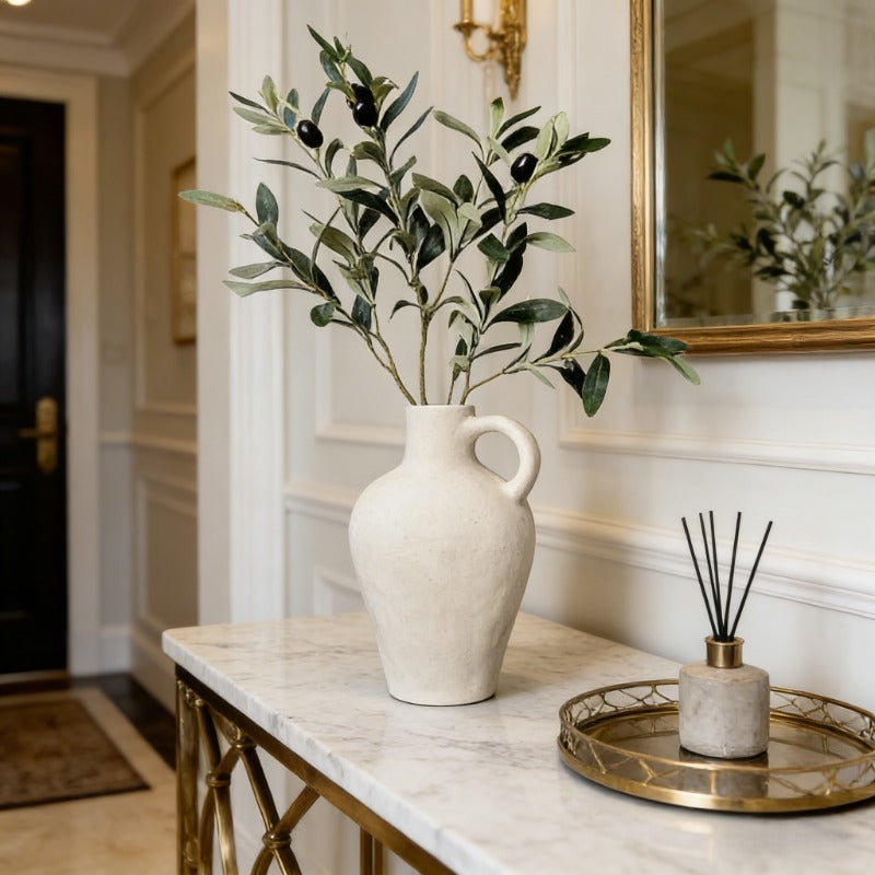 Vintage White Ceramic Jug Vase with Handle - Distressed Country Style Decor, Suitable for Dried Flowers, Olive Branches, Minimalist Centerpiece for Living Room Dining Table, Fireplace, Bookshelf Ornament - Textured Ceramic Pot