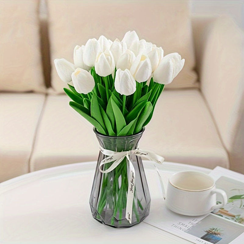 A Set of Home Decorations, 10pcs White Tulip Artificial Flowers + 1 Creative Small Vase, Desktop Ornaments, Fashionable Spiral White Vase - Nordic Style, Suitable for Home, Kitchen, Living Room, Bedroom Decoration Perfect Choice, Valentine'S Day