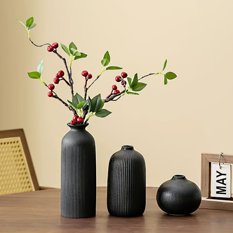 3pcs Nordic Creative Striped Ceramic Vase Set, High-End Home Living Room Dried Flower Arrangement Decorative Ornament, 3 Different Shaped Hydroponic Flower Vases, Holiday Gift, Wedding Decoration