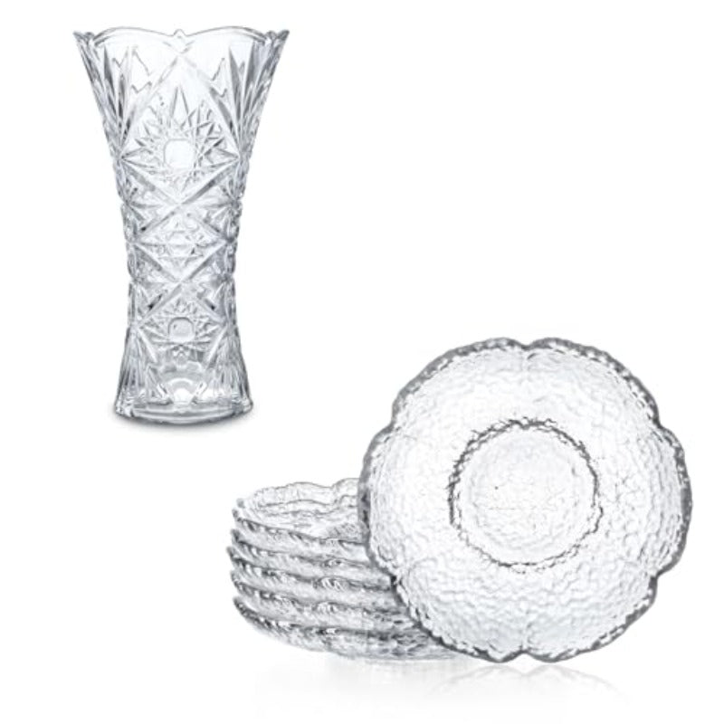 omcrikanpura Clear Crystal Vase 9.2 Inch Glass Flower Vases 4.5Inch Glass Dert Plates