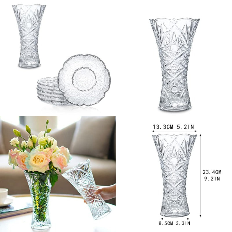 omcrikanpura Clear Crystal Vase 9.2 Inch Glass Flower Vases 4.5Inch Glass Dert Plates