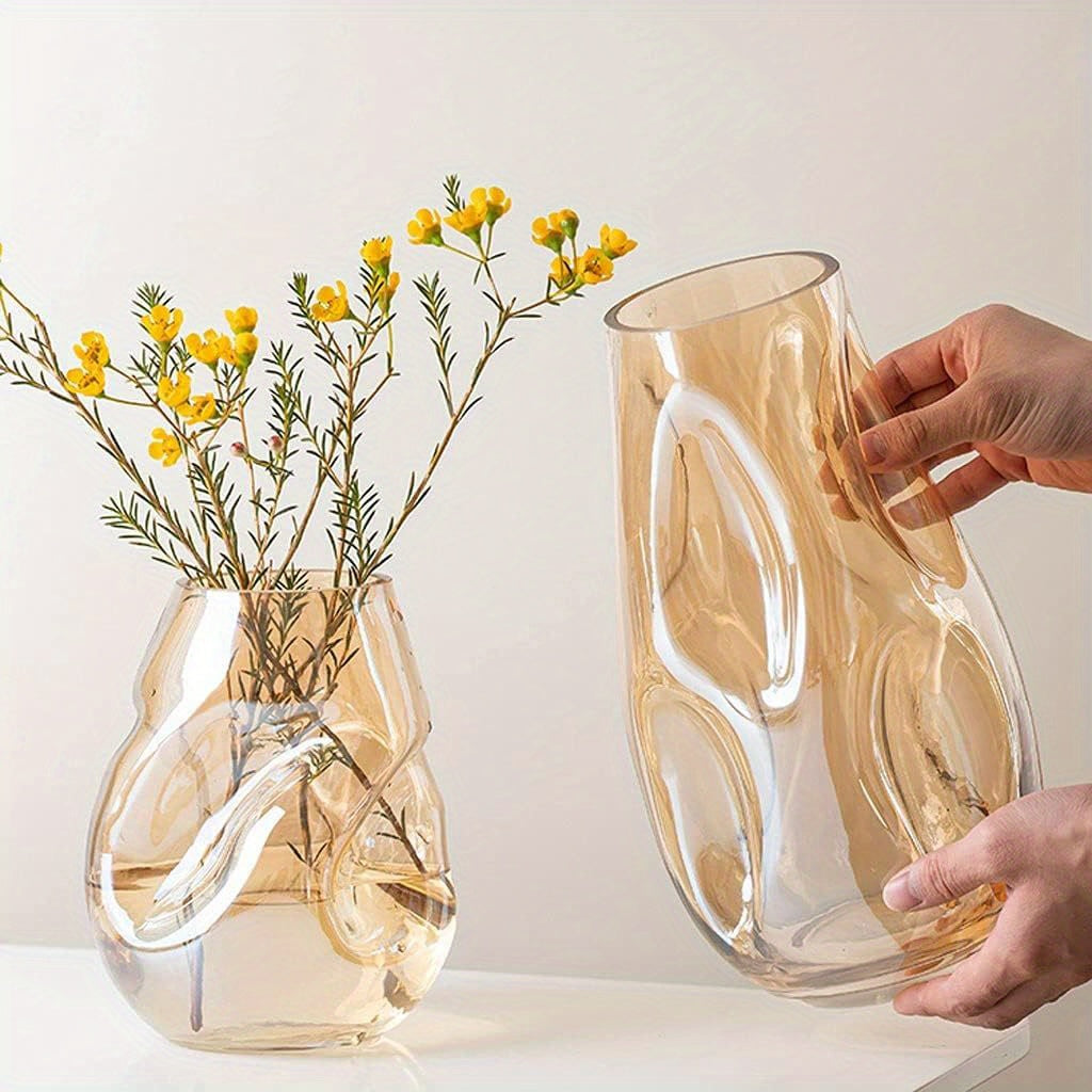 Glass Decorative Vase Modern Transparent Decorative Glass Vase - Irregular Shaped for Home Living Room and Office Desktop Decoration - Gift Vas